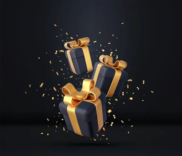 3D黑色礼品盒 带有金色缎带 蝴蝶结和亮片 生日庆祝的概念 新年快乐 圣诞快乐 礼物盒 金色的蝴蝶结 3D渲染 矢量说明 — 图库矢量图片