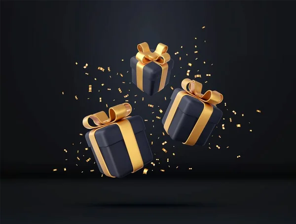 金色のリボンと弓とスパンコールのコンフェッティと3次元ブラックギフトボックス 誕生日のお祝いの概念 メリーの新年と黄金の弓とメリークリスマスのギフトボックス 3Dレンダリング ベクターイラスト — ストックベクタ