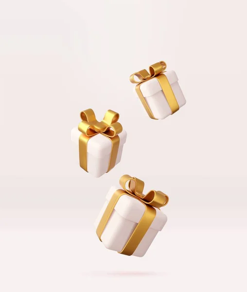 Cajas Regalo Blancas Con Cinta Dorada Lazo Concepto Celebración Cumpleaños — Archivo Imágenes Vectoriales