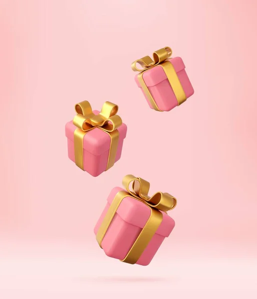 3D粉色礼品盒 金丝带和蝴蝶结 生日庆祝的概念 新年快乐 圣诞快乐 粉色礼品盒上有金色的蝴蝶结 3D渲染 矢量说明 — 图库矢量图片