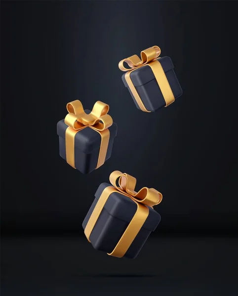 Black Gift Boxes Golden Ribbon Bow Birthday Celebration Concept Merry — Stock Vector