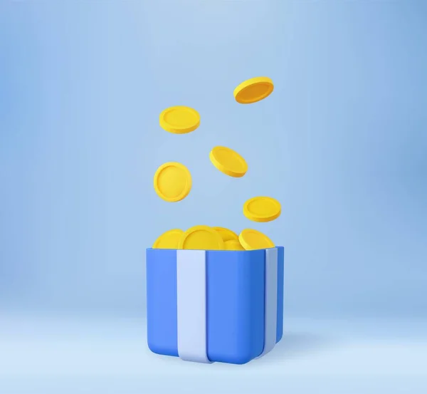Open Geschenkdoos Verrassing Met Gouden Munten Loyaliteitsprogramma Krijg Beloningen Geldprijs — Stockvector