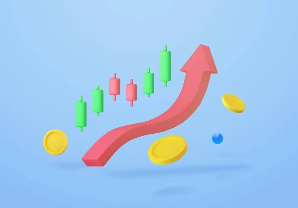 3D成長ストック図財務グラフ 株式や外国為替の上矢印付きの燭台 マネーコインとグラフの概念を持つ投資管理 3Dレンダリング ベクターイラスト — ストックベクタ