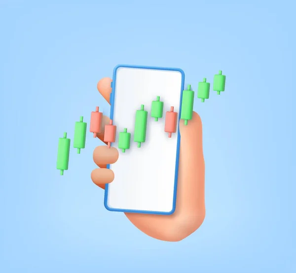 携帯電話とオンライン株式市場取引の3Dキャンドルスティックグラフ モバイル上の資金調達ビジネスを利用した投資グラフ 3Dレンダリング ベクターイラスト — ストックベクタ