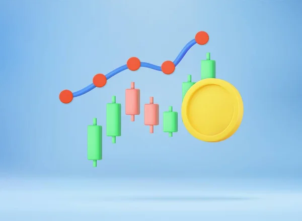 3Dお金コインの節約と取引の概念 成長ストック図財務グラフまたはビジネス投資市場取引 3Dレンダリング ベクターイラスト — ストックベクタ
