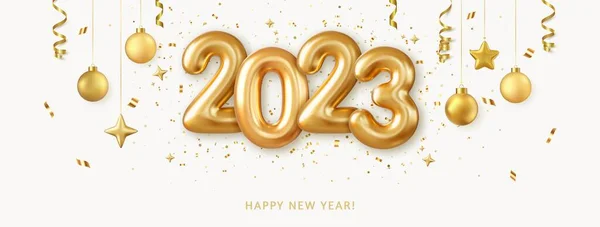 Balões Folha Ouro Realista Feliz Natal Feliz Ano Novo 2023 —  Vetores de Stock