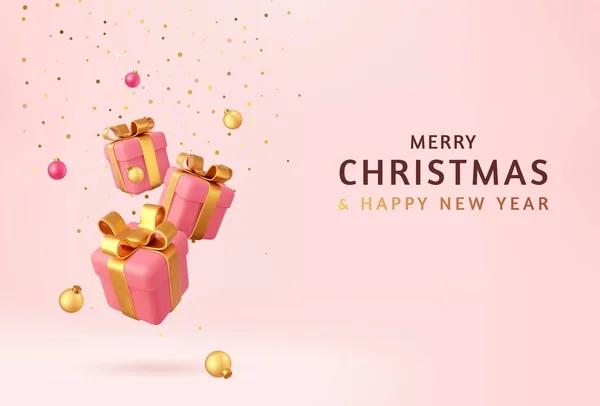 Joyeux Noël Bonne Année Fond Avec Boîte Cadeaux Boules Noël — Image vectorielle
