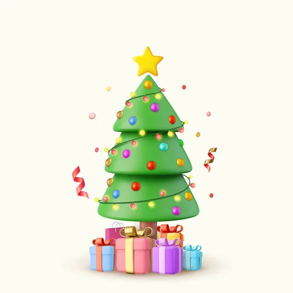 圣诞节光彩夺目的树 圣诞快乐 新年快乐 礼品盒 惊喜礼物 金发碧眼3D渲染 矢量说明 — 图库矢量图片