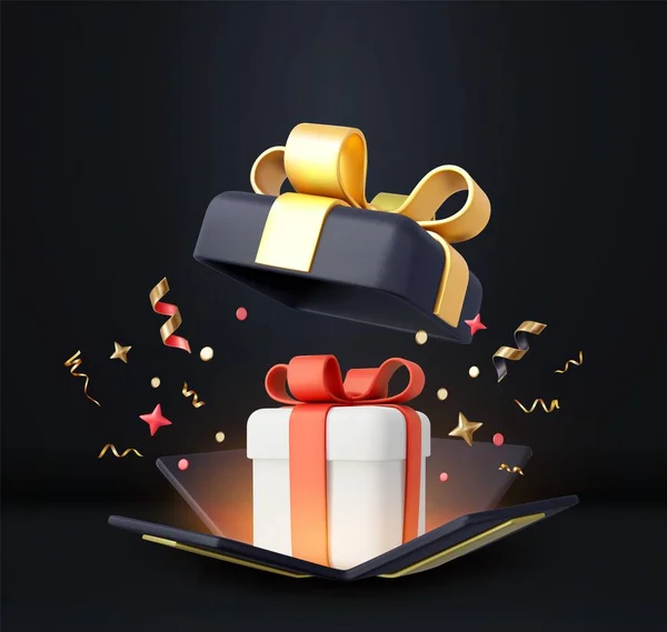 3D惊喜打开礼品盒与失败的糖果 作为奖品的概念 圣诞和新年的惊喜 生日礼物盒 3D渲染 矢量说明 — 图库矢量图片