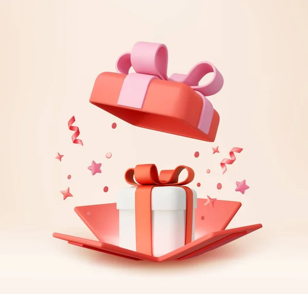 3D惊喜打开礼品盒与失败的糖果 作为奖品的概念 圣诞和新年的惊喜 生日礼物盒 3D渲染 矢量说明 — 图库矢量图片
