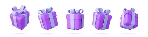 一套与白色背景隔离的现实圣诞礼品盒 五个装有蝴蝶结和缎带的礼品盒 节日装饰礼物 节日礼物惊喜 3D渲染 矢量说明 — 图库矢量图片