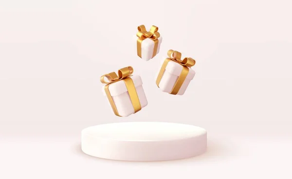 3D圣诞风格的产品平台场景与飘落的白色礼品盒与金弓 圣诞和新年快乐横幅设计 3D渲染 矢量说明 — 图库矢量图片