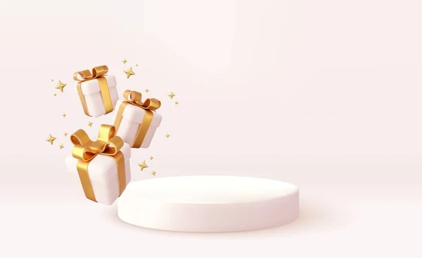 3Dクリスマススタイル金の弓で落下白いギフトボックスを飛んで製品表彰台シーン メリークリスマスと新年のお祝いのバナーデザイン グリーティングカード 3Dレンダリング ベクターイラスト — ストックベクタ