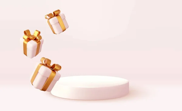 3D圣诞风格的产品平台场景与飘落的白色礼品盒与金弓 圣诞和新年快乐横幅设计 3D渲染 矢量说明 — 图库矢量图片