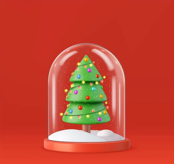 圣诞快乐 新年快乐 圣诞冬雪玻璃球 现实3D在雪中设计了圣诞树 3D渲染 矢量说明 — 图库矢量图片