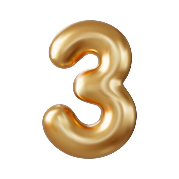 3d Номер 3. три Номер знак золотой цвет изолирован на белом фоне. 3D рендеринг. Векторная иллюстрация