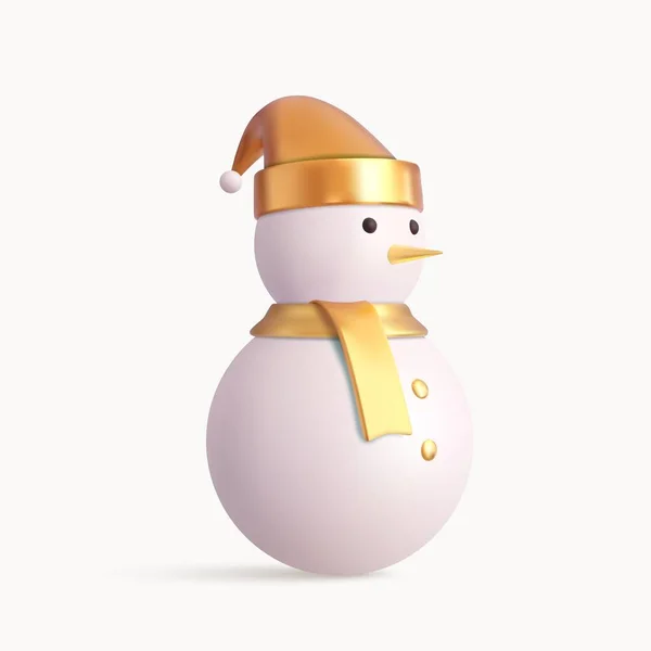 戴着金色圣诞礼帽的三维可爱雪人 塑料卡通风格的现实3D设计元素 被白色背景隔离的图标 3D渲染 矢量说明 — 图库矢量图片