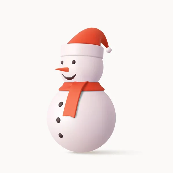 戴红色圣诞帽的三维可爱雪人 塑料卡通风格的现实3D设计元素 被白色背景隔离的图标 3D渲染 矢量说明 — 图库矢量图片