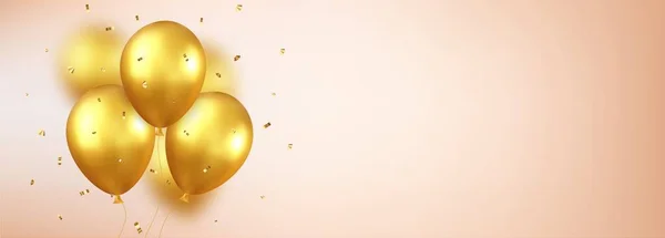 3D气球 带带子 用金黄色气球和闪闪发光的意大利面进行庆祝设计 时尚的海报 移动应用 3D渲染 矢量说明 — 图库矢量图片