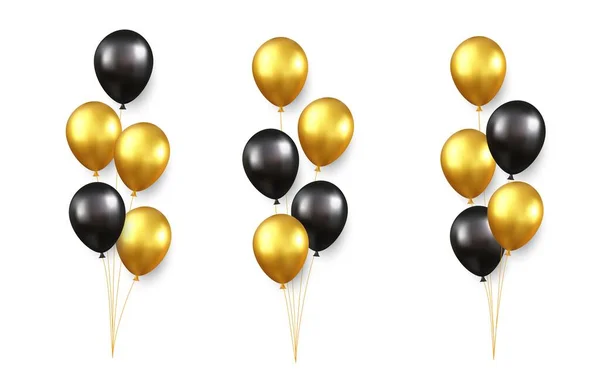 Uppsättning Festliga Buketter Guld Svarta Ballonger Isolerade Vit Bakgrund Färgglansig — Stock vektor