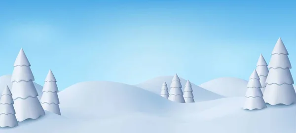 3D自然冬のクリスマスと青空 雪の結晶 雪のドリフトや雪のモミの木と新年の背景 ベクターイラスト — ストックベクタ