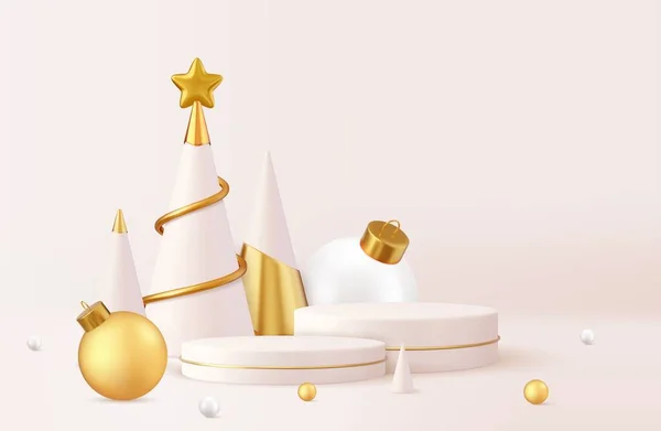 Рождественский Дизайн Золотой Металлический Конус Спираль Дерева Подиумом Веселого Рождества — стоковый вектор