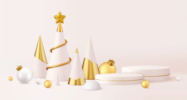 3Dクリスマスデザイン 表彰台と黄金の金属コーンスパイラルツリー メリークリスマスと製品展示会のプレゼンテーションのための幸せな新年のシーン 3Dレンダリング ベクターイラスト — ストックベクタ
