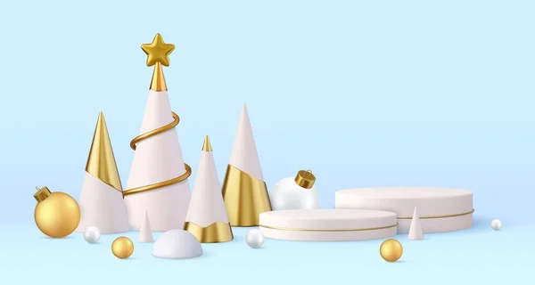 三维圣诞节设计 金色金属锥形螺旋树与讲台 圣诞佳节快乐 新年佳节快乐 为产品展示会服务 3D渲染 矢量说明 — 图库矢量图片