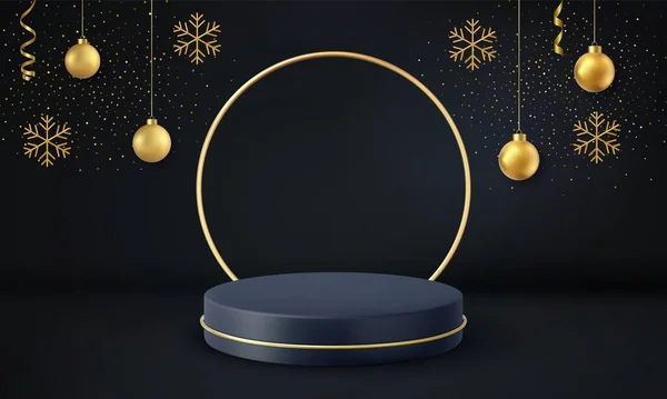 Black Podium Christmas Display Black Background Realistic Black Pedestal Ball — Stock Vector