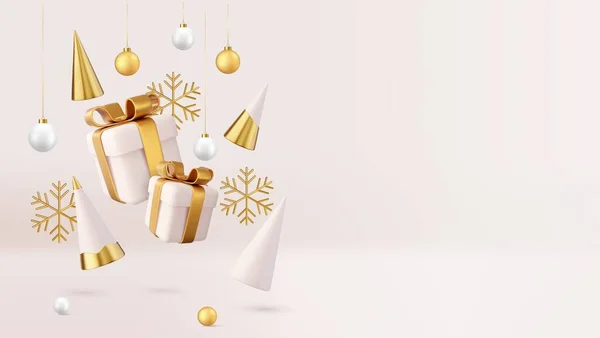 Mutlu Noeller ve mutlu yıllar. Gerçekçi hediye kutularının arka plan Xmas tasarımı. 3D görüntüleme. Vektör illüstrasyonu