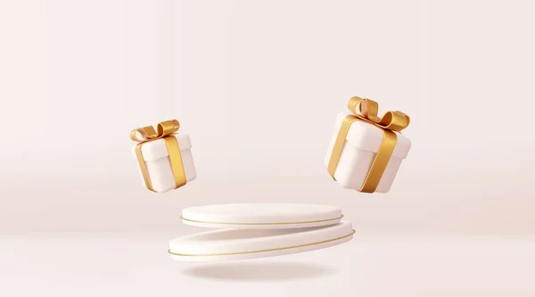 3Dクリスマススタイル金の弓で落下白いギフトボックスを飛んで製品表彰台シーン メリークリスマスと新年のお祝いのバナーデザイン グリーティングカード 3Dレンダリング ベクターイラスト — ストックベクタ
