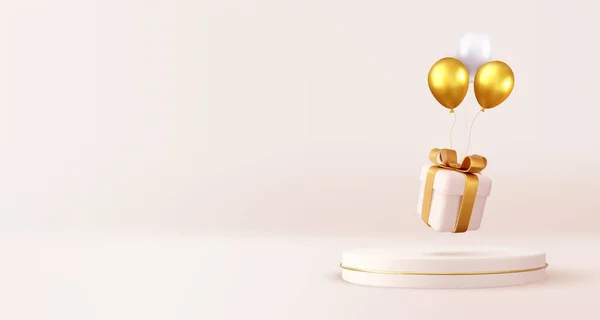 3D金弓付きバルーンとホワイトギフトボックスと製品の表彰台シーン メリークリスマスと新年のお祝いのバナーデザイン グリーティングカード 3Dレンダリング ベクターイラスト — ストックベクタ