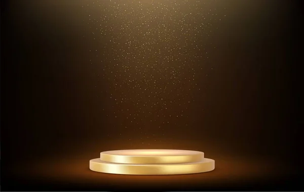 暗い背景に隔離された黄金の輝きの下で3Dゴールデン表彰台 3Dレンダリング ベクターイラスト — ストックベクタ