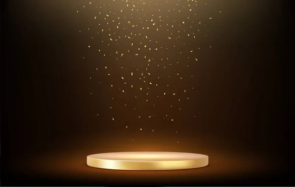Gyllene Podium Fallande Guld Glitter Isolerad Mörk Bakgrund Återgivning Vektorillustration — Stock vektor