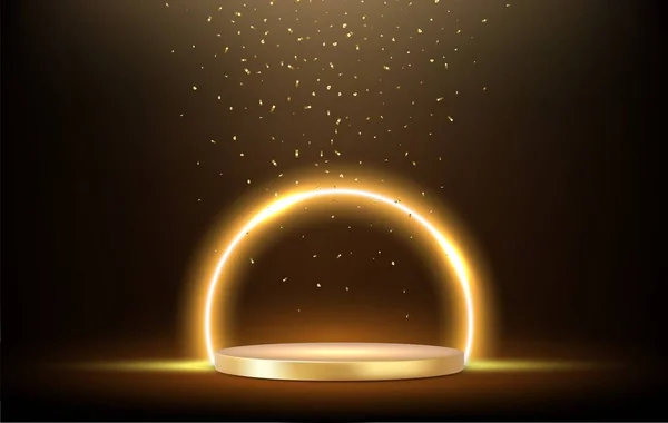 暗い背景に隔離された黄金の輝きの下で3Dゴールデン表彰台 輝くネオンゴールデンサークル 空の最小限のリングアート装飾 3Dレンダリング ベクターイラスト — ストックベクタ