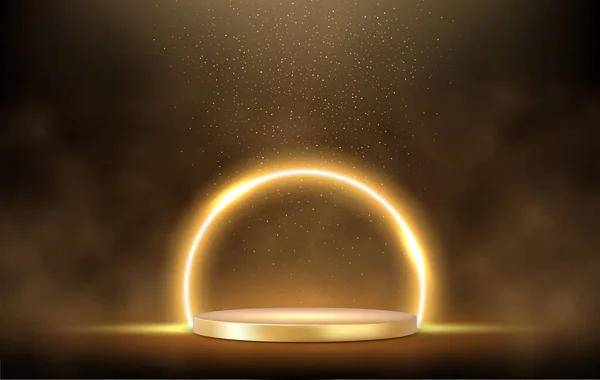 Gyllene Podium Fallande Guld Glitter Isolerad Mörk Bakgrund Glödande Neon — Stock vektor
