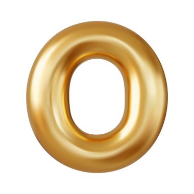 3D harf O büyük harf altın rengi, balon tarzında gerçekçi 3D tasarım. Beyaz arka planda izole edilmiş. 3D görüntüleme. Vektör illüstrasyonu