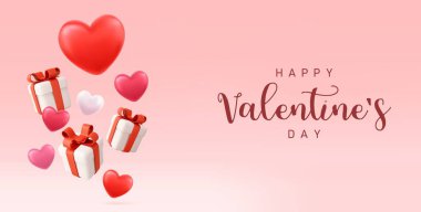 3D Sevgililer Günü tasarımı. Dekoratif nesnelerle dolu bir hediye kutusu. Tatil afişi, web posteri, el ilanı, şık bir broşür, tebrik kartı, kapak. 3D görüntüleme. Vektör illüstrasyonu