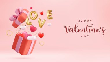 3D konfeti ve kalp şeklinde balonlarla dolu hediye kutusunu aç. Sevgililer Günü ve Anneler Günü için uygun. 3D görüntüleme. Vektör illüstrasyonu