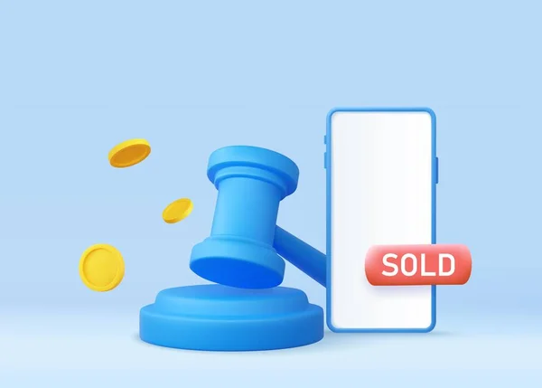 Судья Молоток Мобильного Телефона Монет Полета Концепция Продаж Аукционный Суд — стоковый вектор