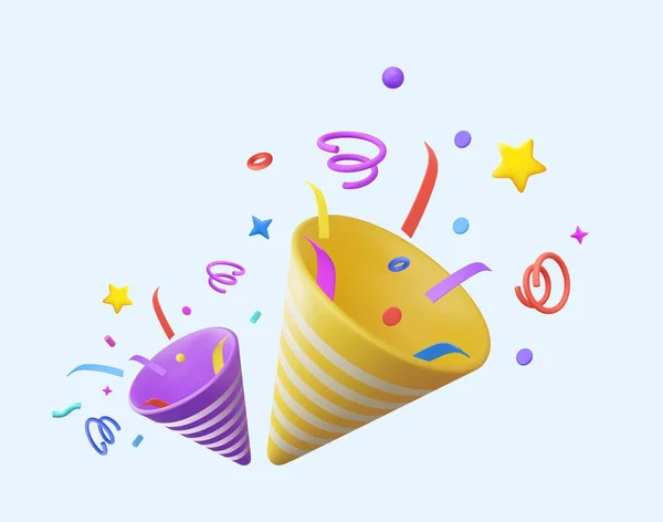 Two Party Popper Explosion Confetti Birthday Surprise Firecracker Serpentine Holiday — Vector de stock