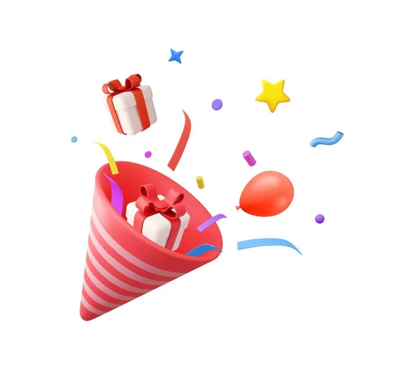 Party Popper Explosion Confetti Gift Boxes Birthday Surprise Firecracker Serpentine — Stock Vector