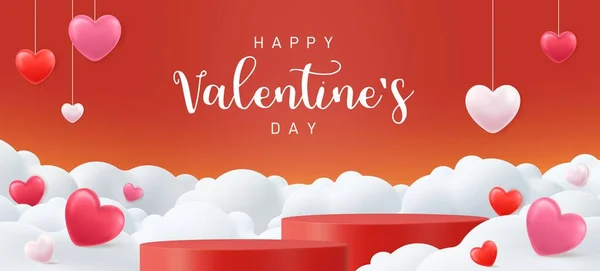 Valentijnsdag Achtergrond Met Product Display Heart Shaped Ballonnen Hart Wolkenachtergrond — Stockvector