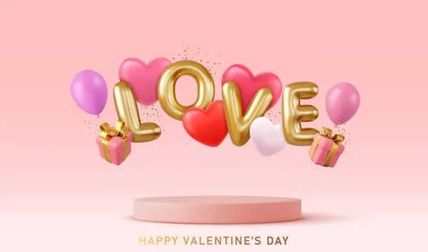 Gelukkige Valentijnsdag Achtergrond Realistische Podium Podium Feestelijke Decoratieve Objecten Hartvormige — Stockvector