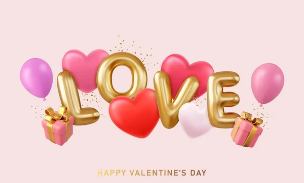 Romantische Creatieve Compositie Fijne Valentijnsdag Realistische Objecten Hartvormige Ballonnen Love — Stockvector