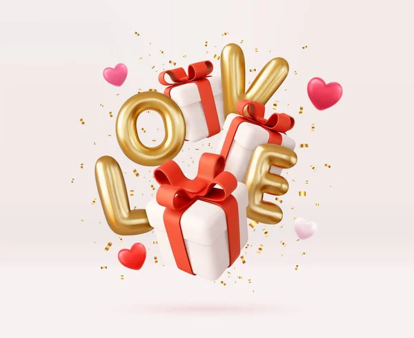 Valentijnsdag Geschenkdozen Met Rode Strikken Goud Woord Liefde Realistisch Achtergrond — Stockvector