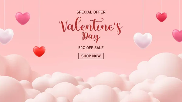 Valentines Affiche Vente Jour Avec Fond Coeur Rouge Rose Modèle — Image vectorielle