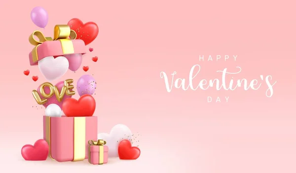 Valentijnsdag Ontwerp Open Geschenkdoos Vol Decoratief Feestelijk Object Vakantiebanner Webposter — Stockvector