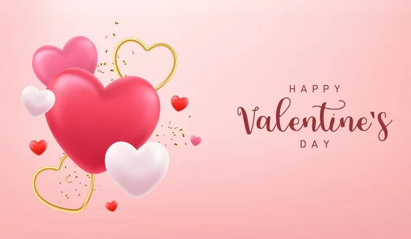 Feliz Día San Valentín Banner Con Globos Corazón Rojo Formas — Vector de stock
