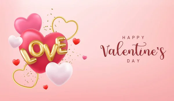 Happy Valentines Day Banner Met Rode Hartballonnen Goudmetalen Vormen Roze — Stockvector